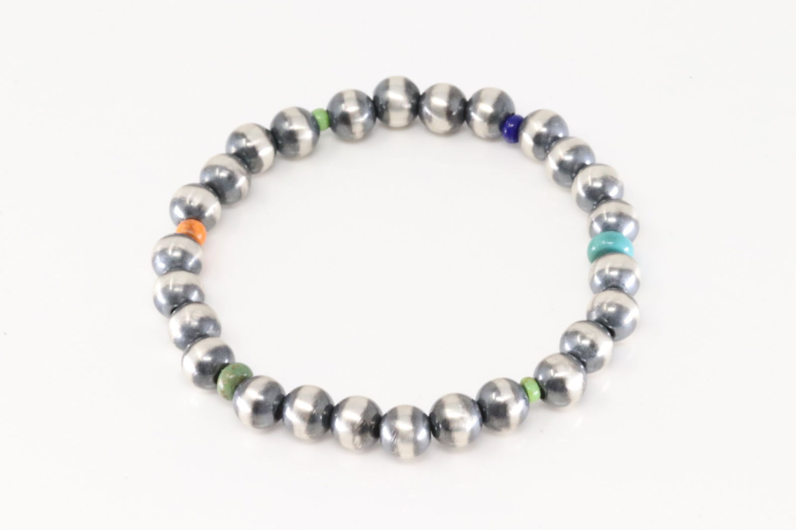 Native America Navajo Sterling Silver Stretch Pearl Beaded & Multi-Color Stone Bracelet. (1 of 3)