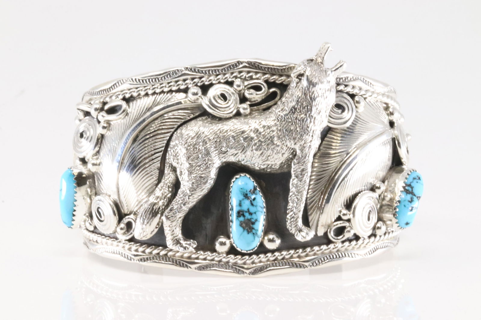 Native American Navajo Sterling Silver Turquoise Bracelet Wolf Casted Cuff By Darrell Morgan. (1 of 4)