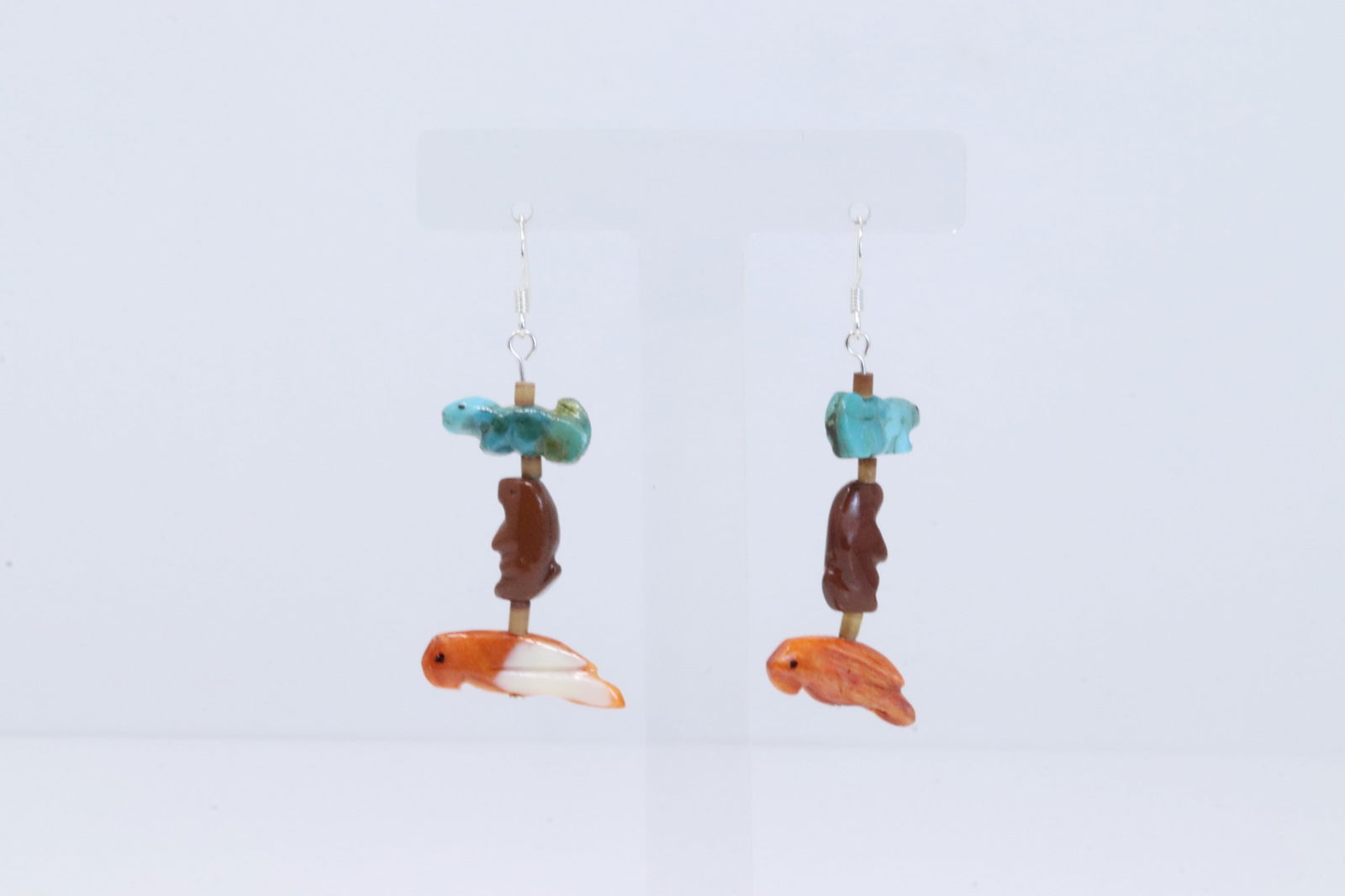 Native America Zuni Sterling Silver Multi-Color Gemstone Carved Fetish Animal Dangling Earring's. (1 of 3)
