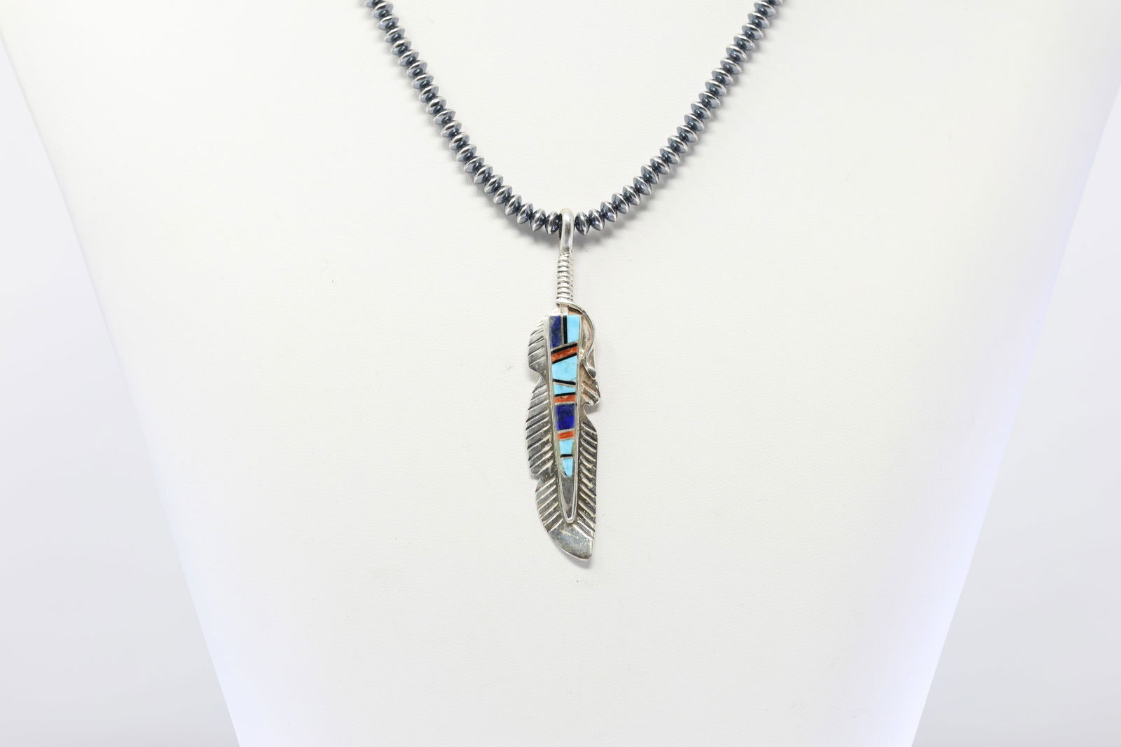 Native America Navajo Sterling Silver Multi-Color Inlay Feather Pendant By With Pearl Beaded: This is a Native America Navajo Sterling Silver Multi-Color Inlay Feather Pendant By With Pearl Beaded Sterling Silver Machine Made Necklace. Necklace length: 18.00"