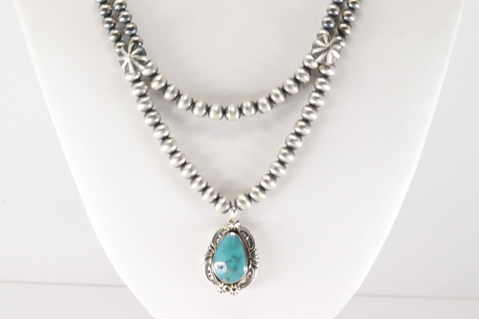 Native America Navajo Sterling Silver Double Strand Turquoise / Pearl Beaded Necklace By Lucinda (1 of 4)