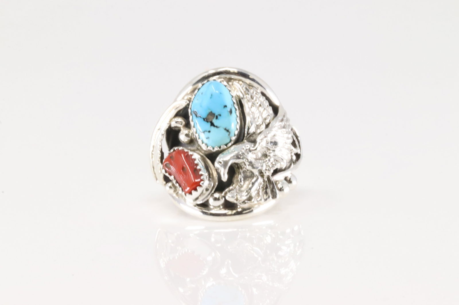 Native America Navajo Sterling Silver Coral & Turquoise Eagle Ring By Jeanette Saunders. (1 of 4)