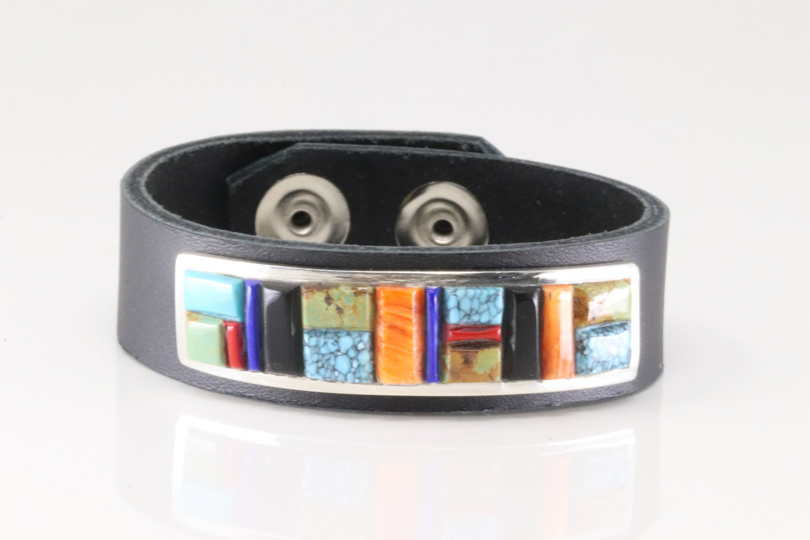 Native American Navajo Sterling Silver Multi-Color Stone Inaly Leather Bracelet By Edison Yazzie.: This is a Native American Navajo Sterling Silver Multi-Color Stone Inaly Leather Bracelet By Edison Yazzie.