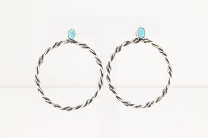 Native America Navajo Sterling Silver Turquoise Hoop Earring's By Nelson Leonard Jr.