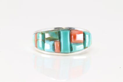 Native America Navajo Sterling Silver Spiny Oyster & Turquoise Ring By Yazzie.