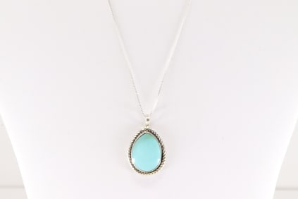 Native America Navajo Sterling Silver Turquoise Pendant with a 925 Necklace By Leroy Silversmith.