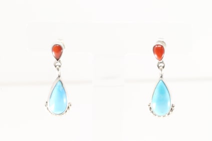 Native America Navajo Sterling Silver Coral & Turquoise Post / Dangling Earring's By Verley Betone.