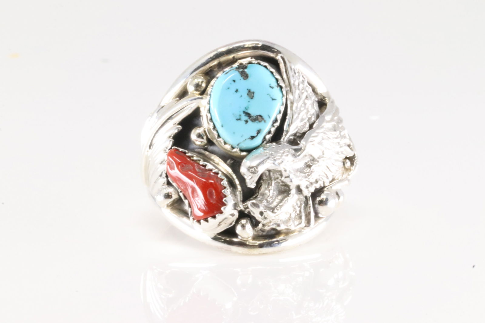 Native America Navajo Sterling Silver Men Coral & Turquoise Ring By Jeanette Saunders. (1 of 4)