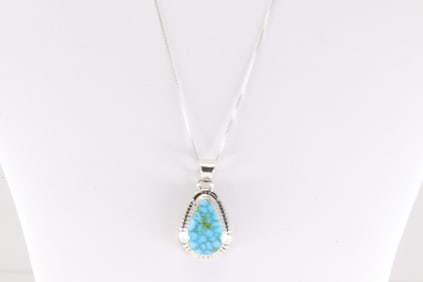 Native America Navajo Sterling Silver Kingman Turquoise Pendant & A 925 Necklace By J.F.