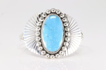 Native America Navajo Sterling Silver Turquoise Bracelet Cuff By Calvin Belin.