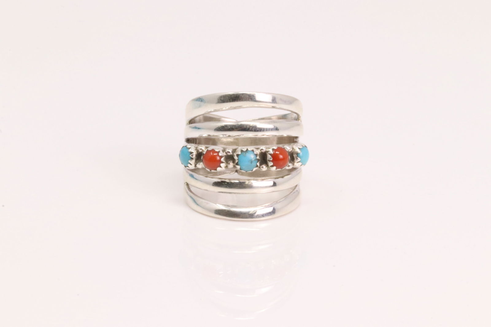 Native America Navajo Sterling Silver Coral & Turquoise Ring with 5 Row By G.S. (1 of 4)