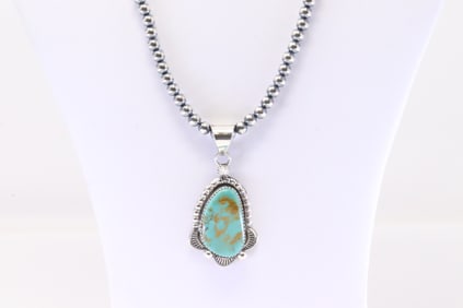 Native America Navajo Sterling Silver Kingman Turquoise Pendant By Juanita Long. With Pearl Beaded