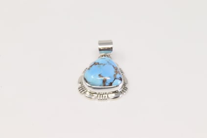 Native America Navajo Sterling Steel Golden Hill Turquoise Pendant By  N.J.