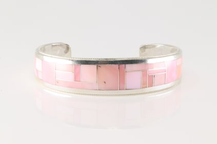 Native America Zuni Sterling Silver Pink Coral Inlay Bracelet By Glendora Booqua.