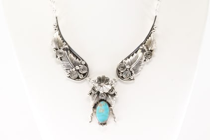 Native America Navajo Sterling Silver Floral Turquoise Necklace By Loretta Delgarito.