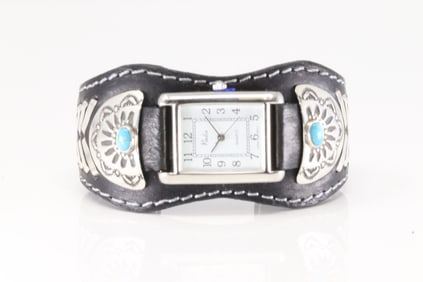 Native America Navajo Sterling Silver Leather Turquoise Watch. The watch band also includes two