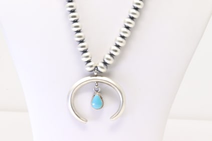 Native America Navajo Sterling Silver Turquoise Naja Necklace By Geneva Werito.