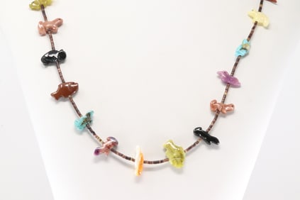Native America Zuni Sterling Silver Multi-Color Gemstone Carved Fetish Animal Necklace.