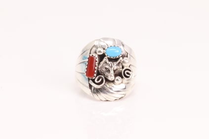 Native America Navajo Sterling Silver Coral & Turquoise Ring By G.