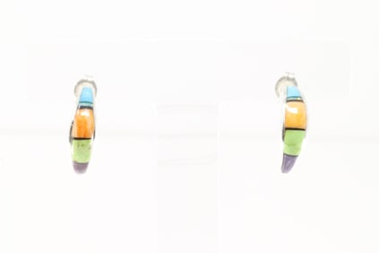 Native America Navajo Sterling Silver Multi-Color Stone Inlay Hoop Earring's.