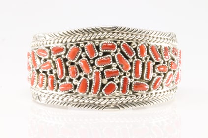 Native America Navajo Sterling Silver Coral Bracelet Cluster Cuff By M.J.