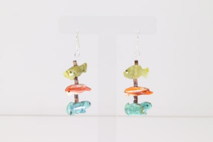 Native America Zuni Sterling Silver Multi-Color Animal Fetish Carven Dangling Earring's.