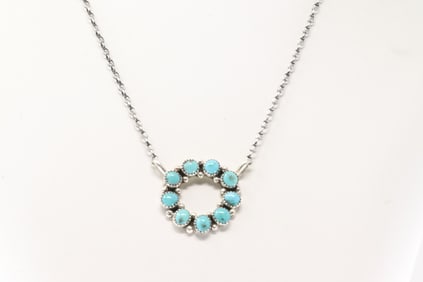 Native America Navajo Sterling Silver Kingman Turquoise Necklace By Maxine Ramirez.