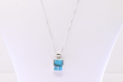Native America Navajo Sterling Silver Turquoise Inlay Pendant By C.A. With A 925 Necklace.