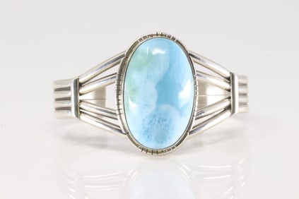 Native America Navajo Sterling Silver Larimar Stone Bracelet Cuff By Samson Edsitty.