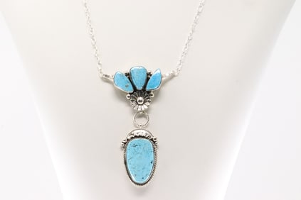 Native America Navajo Sterling Silver Turquoise Necklace By Eddie Chaco.