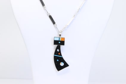 Native America Navajo Sterling Silver Night Sky Multi-Stone Inlay Necklace By Harold Smith.