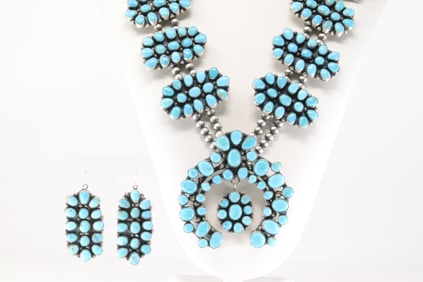 Native America Navajo Sterling Silver Kingman Turquoise Squahs Necklace & Earring's Set By ELLA