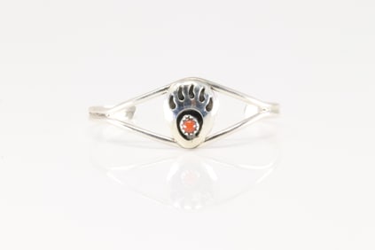 Native America Navajo Sterling Silver Bear Paw Coral Baby Bracelet.