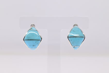 Native American Navajo Sterling Silver Turquoise Inlay Hoop Earring's By Andrew Enrico.