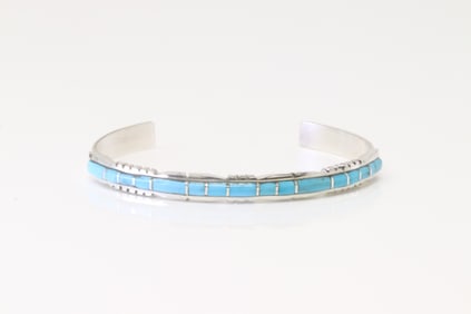 Native America Zuni Sterling Silver Turquoise Bracelet By Sheldon Elalio.