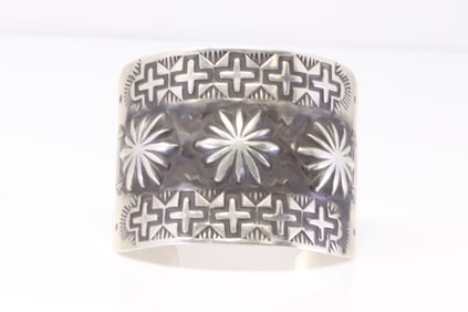 Native America Navajo Sterling Silver Solid Stamped Bracelet Cuff By Elvira Bill.