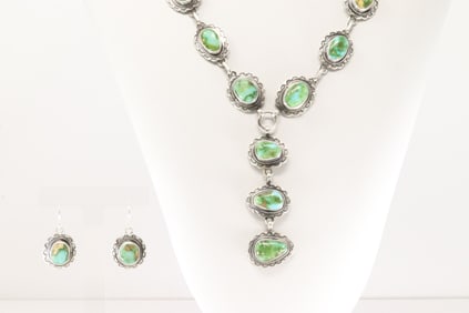 Native America Navajo Sterling Silver Sonora Gold Turquoise Necklace & Earring's Set By Thomas