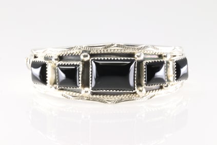 Native America Navajo Sterling Silver Black Onyx Bracelet Cuff By Darrell Morgan.