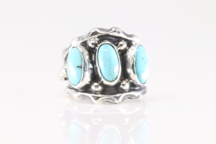 Native America Navajo Sterling Silver Turquoise Ring 3 Stone By Andrew Vandever.
