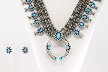 Native America Navajo Sterling Silver Turquoise Squas Blossom Necklace & Earring's Set By Marie
