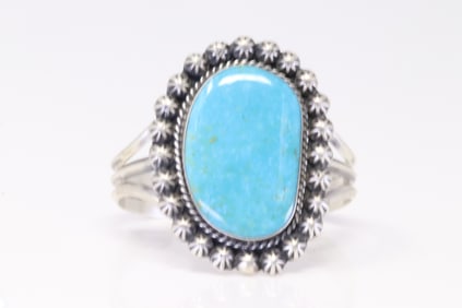 Native America Navajo Sterling Silver Kingman Turquoise Bracelet Cuff By Augustine Largo.