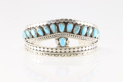 Native America Navajo Sterling Silver Turquoise Bracelet Cuff By Y.