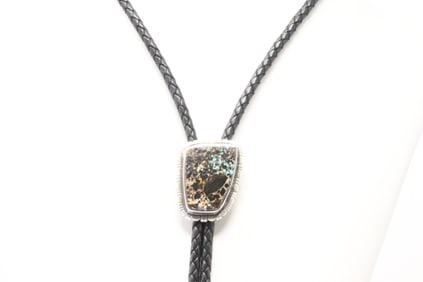 Native America Navajo Sterling Silver Black Jack Turquoise Bolo Necklace By T.F.
