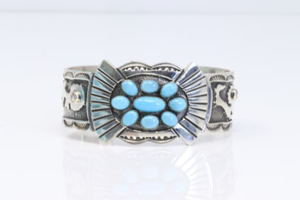 Native America Navajo Sterling Silver Turquoise Bracelet Cuff By Emerson Kinsel.