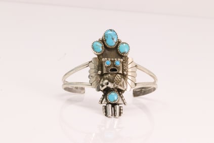Native America Navajo Sterling Silver Turquoise Kachina Bracelet Cuff By Doris Smallcanyon.