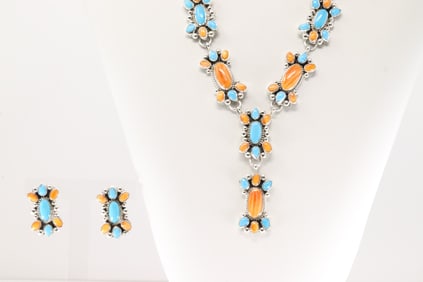 Native America Navajo Sterling Silver Multi-Color Stone Necklace & Earring's Set By Sheila.