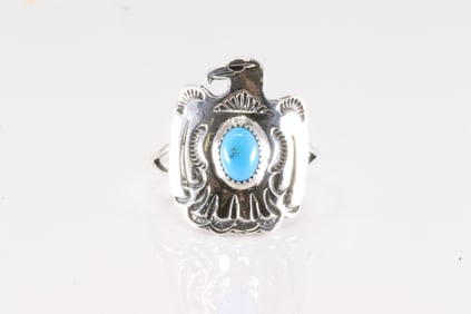 Native America Navajo Sterling Silver Turquoise Thunderbird Ring By Arlene Lewis.