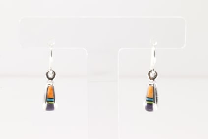 Native America Navajo Sterling Silver Multi-Color Stone Inlay Dangling Earring's.