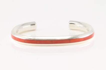 Native America Navajo Sterling Silver Coral Bracelet Cuff By J.Natachu.