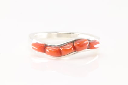 Native America Navajo Sterling Silver Coral Ring By A.T.